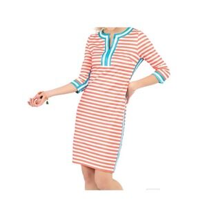 Gretchen Scott Hinckley Coral Stripe Split Neck Jersey Dress XS Preppy Coastal